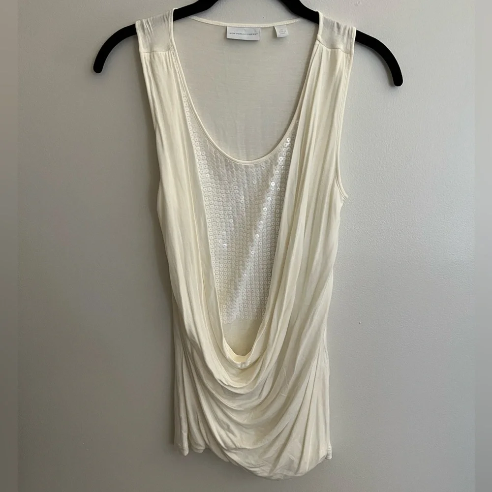 New York & Company Off White Sequin Tank Top with Plunging Cowl Neckline Size XS - Picture 1 of 5